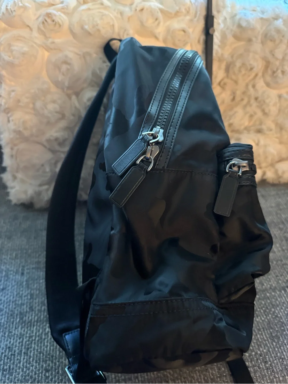 Michael Kors Black Tonal Camo Backpack – Nylon & Leather Trim